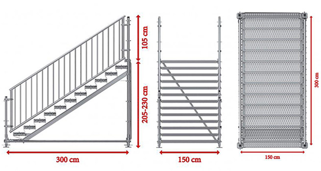 Samonosné venkovní schodiště RUX Premium - rozměry 2 x 3 x 1,5 m